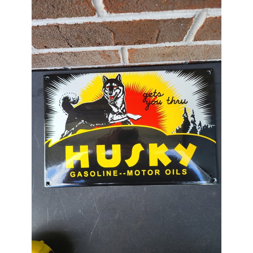 Vintage Husky Gasoline Sign Gas Service Pump Porcelain Advertising Sign